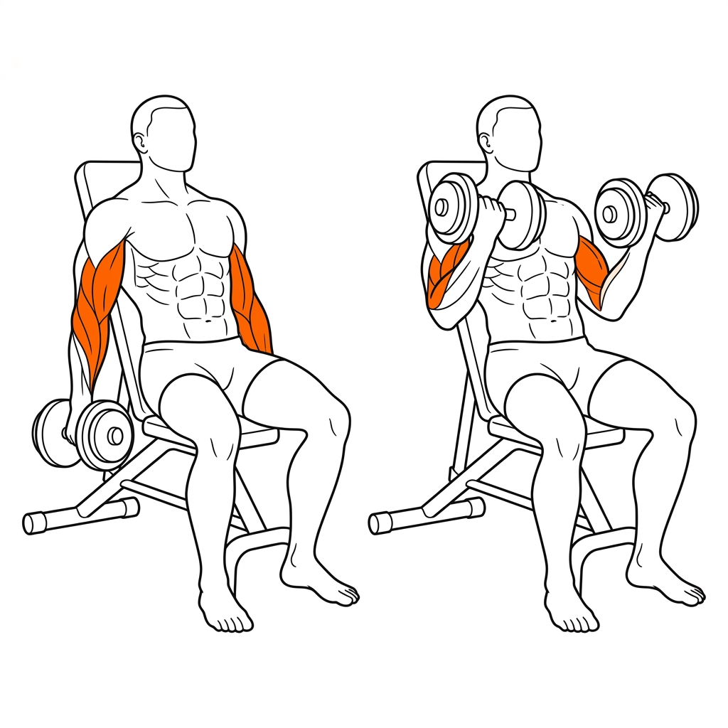 Incline Dumbbell Curl illustration showing biceps activation