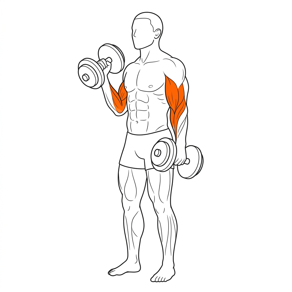 Hammer Curl illustration showing biceps and brachialis activation