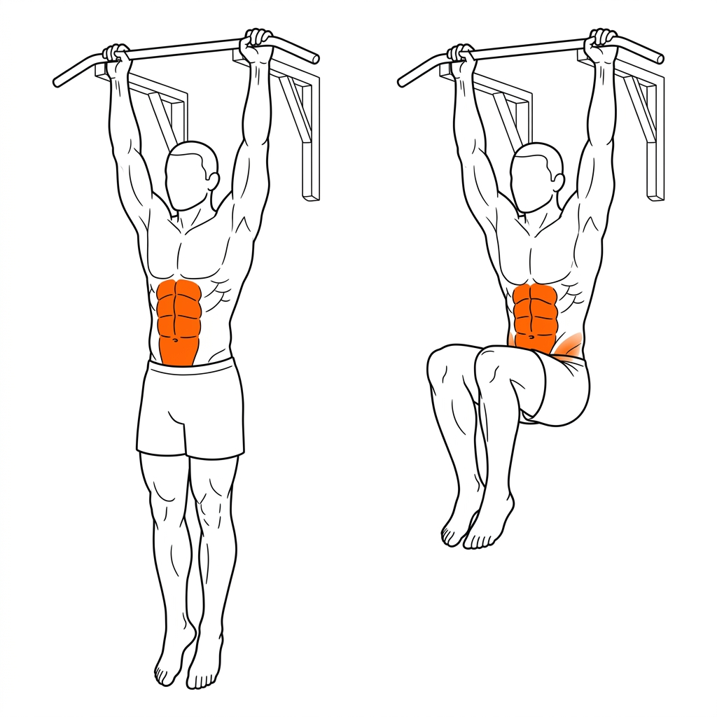 Hanging Leg Raises illustration showing rectus abdominis activation