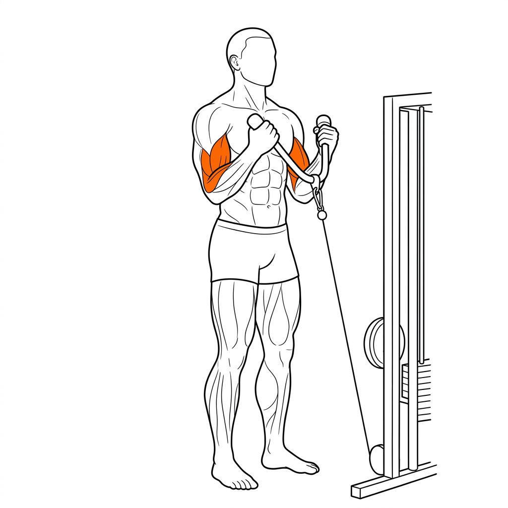 Cable Curl illustration showing biceps activation with cable machine