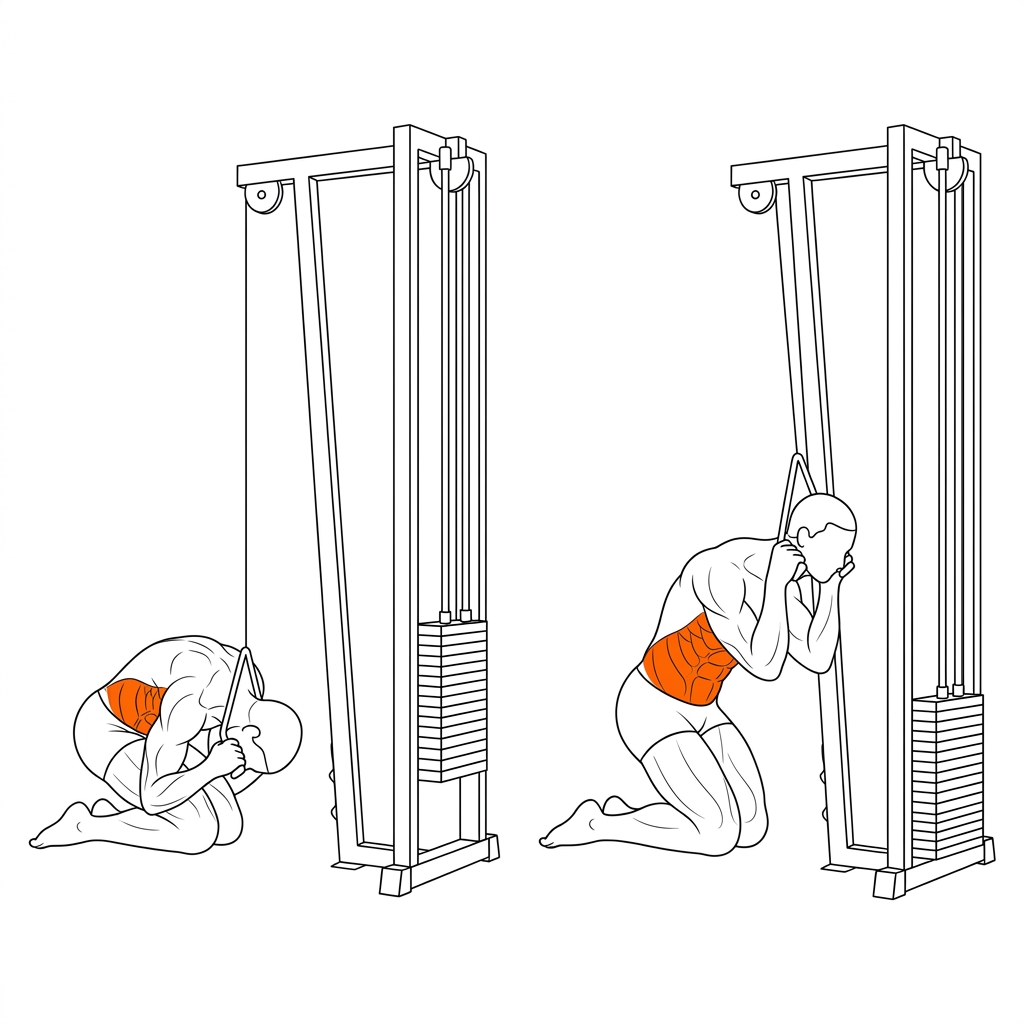 Cable Crunch illustration showing full rectus abdominis activation