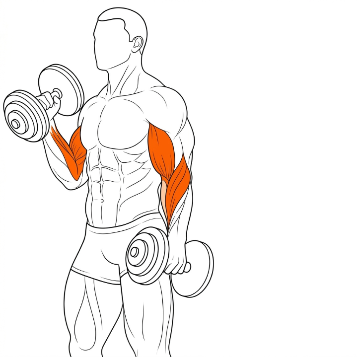 Hammer Curl illustration showing brachialis and brachioradialis activation